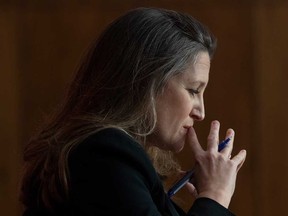 Minister of Finance Chrystia Freeland listens to a question during a news conference on the federal budget on Monday.
