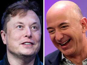 Tesla Chief Executive Elon Musk, left, jumped into second spot on the list, up from 31st last year, while Jeff Bezos, right, stayed on top for the fourth consecutive year.