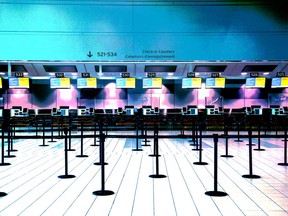 An empty check-in counter at Toronto's Pearson International Airport. The COVID-19 pandemic has severely stunted air travel. Airports are taking the opportunity of a lull in travel to re-imagine what hubs can be are how they can help generate revenue.