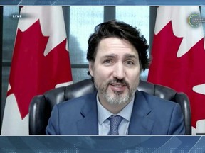 Prime Minister Justin Trudeau speaks during the virtual Leaders Summit on Climate in a video screenshot on Thursday.