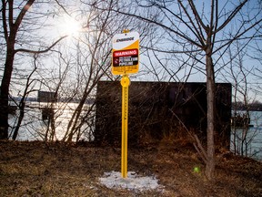 signpost marks the presence of Enbridge's Line 5 pipeline, which Michigan Governor Gretchen Whitmer ordered shut down in May 2021, in Sarnia, Ont.