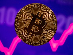 A bitcoin coin against a purple stock chart