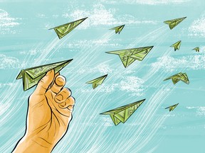 An illustration of money folded into paper airplanes flying through the air