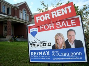 A for rent sign tacked on to a real estate for sale sign in front of a house in Ontario.