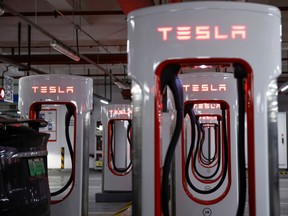 Tesla charging stations at a parking lot in Shanghai, China.