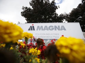 Magna International Inc.'s logo is seen at their Magna Polycon Industries facility in Guelph, Ont.