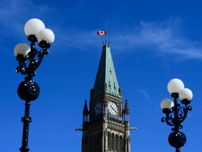 he Canada flag on the Peace Tower on Parliament Hill continues to fly at half-mast in Ottawa on Monday, April 12, 2021, following the death of Prince Philip.