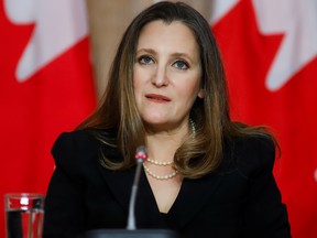 Finance Minister Chrystia Freeland attends a press conference on Parliament Hill in Ottawa, on Monday.