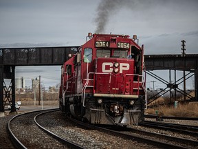 A Canadian Pacific Railway locomotive pulls a train in Calgary.