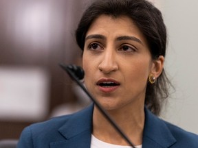 FTC Commissioner nominee Lina Khan testifies during a Senate Commerce, Science, and Transportation Committee hearing on April 21, 2021.