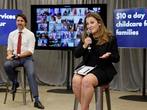 inance Minister Chrystia Freeland and Prime Minister Justin Trudeau talk to families virtually in Ottawa, April 21.