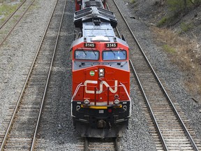 A Canadian National Railway locomotive pulls a train in Montreal.