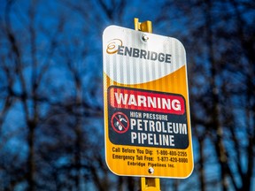 A signpost marks the presence of Enbridge's Line 5 pipeline in Sarnia, Ont.