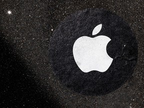 An Apple logo used as a distance marker on the pavement in front of a store in San Francisco