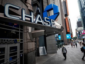 The logo of Chase bank is seen in a branch near Times Square