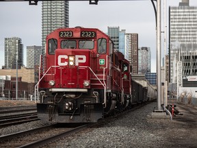 A Canadian Pacific Railway locomotive pulls a train in Calgary.