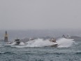 French fishing boats leave the Jersey waters following their protest in front of the port of Saint Helier off the British island of Jersey to draw attention to what they see as unfair restrictions on their ability to fish in U.K. waters after Brexit, on May 6