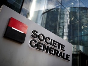 The logo of Societe Generale is seen on the headquarters at the financial and business district of La Defense near Paris, France.