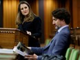 Finance Minister Chrystia Freeland delivers the budget with Prime Minister Justin Trudeau looking on April 19, 2021.