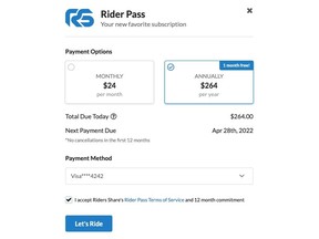 The Rider Pass subscription model is only available for riders over the age of 25 and with a FICO of over 700. Free delivery is included up to $50.