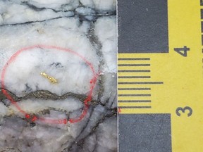 Visible Gold from MH-21-165 at 80 m (Footwall Splay) – the scale shows 1 cm (from 3-4)