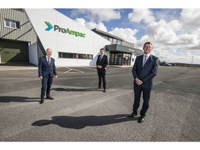 STRATEGIC PARTNERSHIP:  In County Donegal, Ireland, for May 17, 2021 announcement of the new contract establishing ProAmpac as the strategic supplier of flexible packaging for C&D Foods, the pet food division of ABP Food Group are (l to r) John McDermott, Operations Director, ProAmpac; Charlie McConalogue, Minister for Agriculture, Food and The Marine; and Colm Dore, Managing Director, C&D Foods.