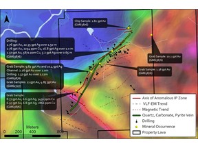 Summary of previous work at Lavallée Gold Showings - The Showings consist of deformed quartz veins, breccias and stockworks within the Lavallée Shear Zone . Veins range from half a metre to three metres in width.