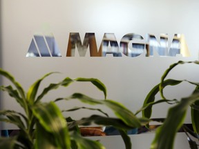 Magna International Inc. signage is seen at the company's Polycon Industries auto parts manufacturing facility in Guelph, Ontario.
