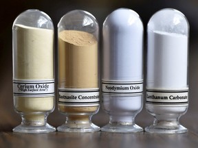 Samples of rare earth minerals from left: Cerium oxide, Bastnaesite, Neodymium oxide and Lanthanum carbonate. They may not look like much but they are crucial to industrial societies.