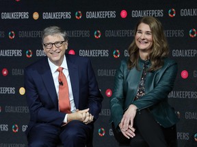 In this file photo taken on September 26, 2018 Bill Gates and his wife Melinda Gates introduce the Goalkeepers event at the Lincoln Center in New York.