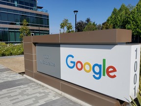 A sign is pictured outside a Google office near the company's headquarters in Mountain View, California.