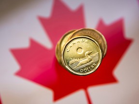Canadian dollar coins on a Canadian flag.