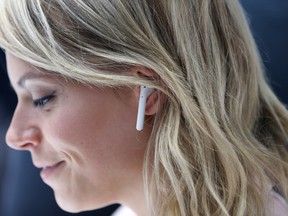 n attendee wears an Apple AirPods during a launch event on September 7, 2016 in San Francisco
