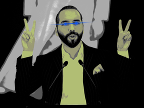 El Salvador President Nayib Bukele with laser eyes, a meme signalling support for crypto.