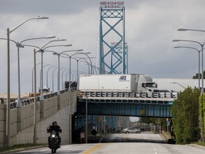 The Ambassador Bridge from Detroit, Michigan, into Windsor, Ontario, Canada.  The ban on non-essential travel at land borders because of COVID-19 was first imposed in March 2020.