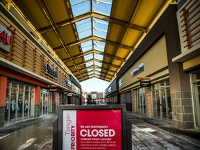 A mall in Ottawa stands eerily quiet during an Ontario-wide lockdown during the COVID pandemic.
