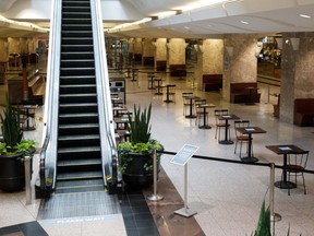 A food court stands empty in the financial district of Toronto during the pandemic. If remote work takes hold jobs will be lost in the businesses that serve downtown office workers.