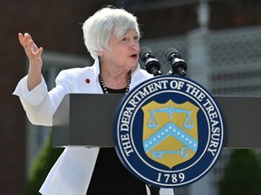 U.S. Treasury Secretary Janet Yellen speaks during a press conference after attending the G7 Finance Ministers meeting in London Saturday.