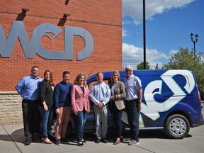 The WCD executive team leading the rebrand initiative, pictured outside the Calgary head office (left to right): Thomas Cancilla, Lindsay Duprey, Rob Steed, Karen Brookman, Allan Megarry, Jennifer Brookman and George Brookman. SUPPLIED