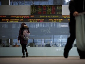 A Toronto Stock Exchange (TSX) ticker is seen in the financial district of Toronto.