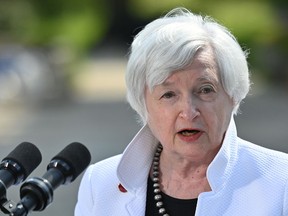 U.S. Treasury Secretary Janet Yellen speaks during a press conference at Winfield House in London on June 5, 2021, after attending the G7 Finance Ministers meeting.