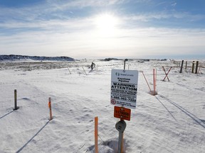 The route of the Keystone XL crude oil pipeline lies idle through a farmer's field near Oyen, Alberta.