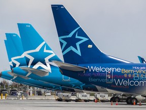 Idle Air Transat jets sit parked at Montréal-Pierre Elliott International Airport in Montreal.