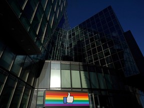 The Facebook logo at its EMEA headquarters at Grand Canal Square in the Docklands in Dublin, Ireland.