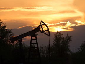 A pumpjack in an oilfield in Russia.