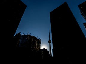 Banks and the CN Tower in Toronto's financial district.
