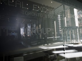 Signage for the Toronto Stock Exchange (TSX) is seen in the financial district of Toronto.
