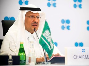 Saudi Arabia's Minister of Energy Prince Abdulaziz bin Salman Al-Saud speaks via video link during a virtual emergency meeting of OPEC and non-OPEC countries, following the outbreak of the coronavirus disease (COVID-19), in Riyadh, Saudi Arabia April 9, 2020.