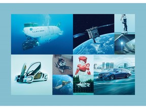 [From upper-left] SHINKAI 6500, HAYABUSA2, Wearable Cyborg, Active scope camera for rescue [From lower-left] Ultra-thin and flexible tough polymer, Rescue robot, Small synthetic-aperture radar satellite (SAR), Communication robot, Flying car, Level-3 autonomous vehicle
