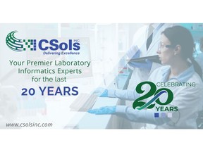 Celebrating 20 years. CSols, Inc. Your premier laboratory informatics experts for the last 20 years.